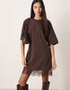 oversized mini dress with lace hem trim in chocolate brown