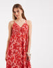PIECES wrap detail cami plisse maxi dress in pink and red floral print