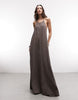 Weekday crinkle halter racer back maxi dress in dark mole