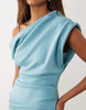 asymmetric off-shoulder midi dress in blue scuba-style fabric