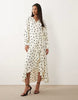 VILA long sleeve satin wrap midi dress in cream polka dot