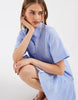 Pieces drop waist pleated mini shirt dress in blue and white gingham