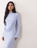 mesh draped high neck long sleeve maxi dress in blue