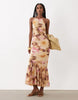 chiffon sleeveless maxi dress with godet hem in pink and orange floral print