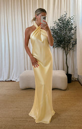 Jasmine Halter Maxi Dress ~ Pale Yellow Luxe Satin