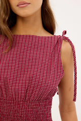 Luck & Trouble Andie Ruched Tie Top Burgundy Check