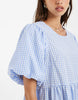 PIECES volume sleeve mini dress in blue and white gingham