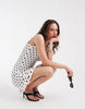 PIECES shirred frill trim mini dress in white and black polka dots