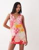 cotton linen v neck smock mini dress in pink fruit print