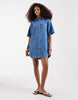 denim boxy shirt dress with pocket detail in mid blue