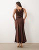 VILA halter cowl neck satin maxi dress in chocolate brown