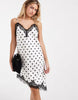 ONLY lace detail asymmetric satin mini dress in white polka dot print