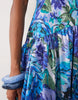 satin bias shift dress with bubble hem in blue floral