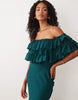 lace mix bardot off shoulder ruffle midi dress in teal
