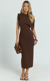 Nalfie Midi Dress - Tipped Shoulder Jersey Drape Dress in Chocolate