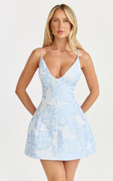 Gianni Mini Dress - Plunge A Line Low Back Dress in Light Blue