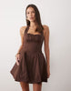 Wanderdoll Marilyn cotton rich structured halterneck shirred bust corset detailing mini dress in chocolate