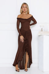 Lunar Twinkle Mesh Off Shoulder Maxi Dress Brown