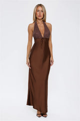 Wardrobe Defined Halter Satin Maxi Dress Brown
