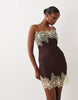 satin bias lace applique mini dress in chocolate and yellow