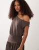 fallen shoulder asymmetric cinched waist midi dress in chocolate