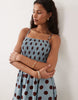 Brave Soul polka dot mini dress with shirred bodice in blue and brown polka dot print
