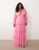 Lace & Beads Plus tulle plunge neck ruffle trim tiered maxi dress in pink