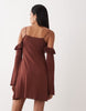 Miss Selfridge premium linen blend knit ruffle trim cold shoulders mini dress in chocolate