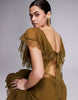 high neckline midaxi dress with flutter sleeve and asymmetric hem shape with lace trim detail in olive