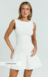 Jacqueline Mini Dress - High Neck Fit And Flare Pleat Knit Dress in Cream