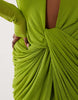 mesh deep plunge neck long sleeve midi dress with draping in green