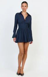 Valerie Mini Dress - Collared Long Sleeve Waist Shirt Dress in Navy