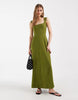 square neck seam detailing midaxi dress in khaki green