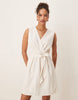 Vila linen blend wrap front mini dress with tie belt in oatmeal