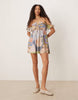eyelet frill off the shoulder mini dress in patchwork floral print