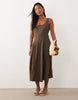 VILA Petite square neck linen-touch midi dress in brown