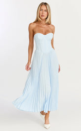 Loretta Midi Dress - Lace Up Back Bustier Pleated Dress in Light Blue