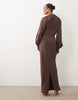 Tall high neck drape maxi dress with drape skirt in brown