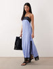 cami maxi slip dress with lace trim in blue striped print