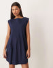 slash neck mini dress with pintucks in navy