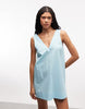 cotton linen v neck smock mini dress in turquoise