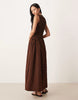 crinkle scoop neck midaxi sundress with shirred waist in black and chocolate gingham