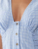 v neck button down mini dress with lace trim and godets in dusky blue