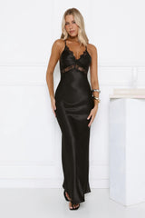 Satin Lace Crisscross Back Maxi Dress Black