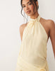 Oh Polly chiffon halter neck rosette detail draped waist mini dress in butter yellow