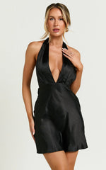 Isabella Mini Dress - Plunge Neck Back Tie Dress in Black