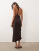 Mango boat neck sleeveless satin midi dress in chocolate brown