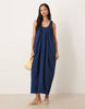 poplin ruched scoop neck and back midaxi sundress in navy