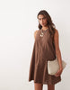 Monki linen blend sleeveless a-line mini dress with frayed edges in dark brown