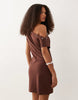 eyelet detail off the shoulder mini dress in brown